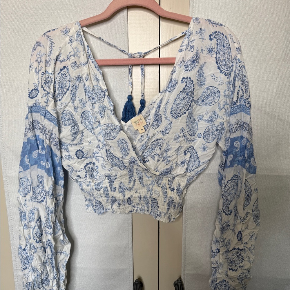 Surf Gypsy Blue and White Paisley Blouse